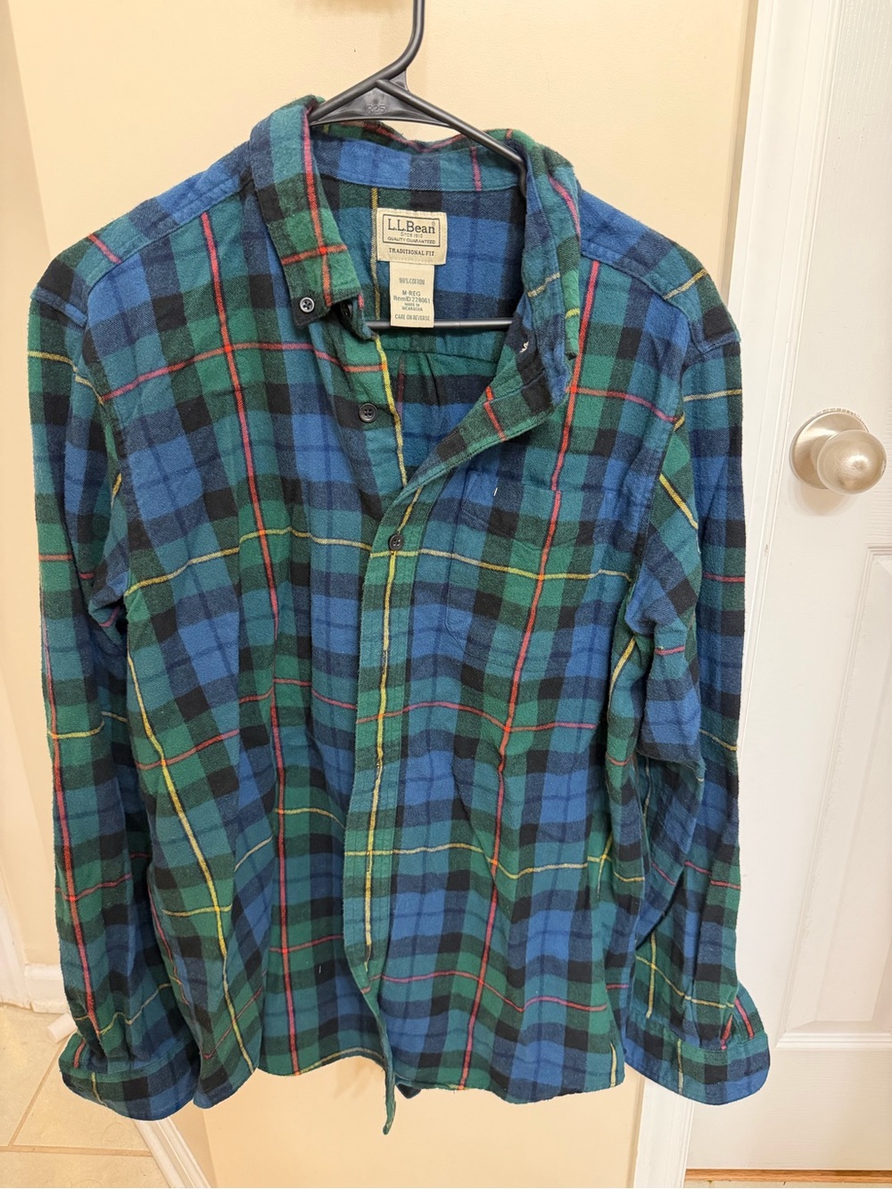 L.L. Bean Blue and Green Plaid Button-Down Flannel Shirt